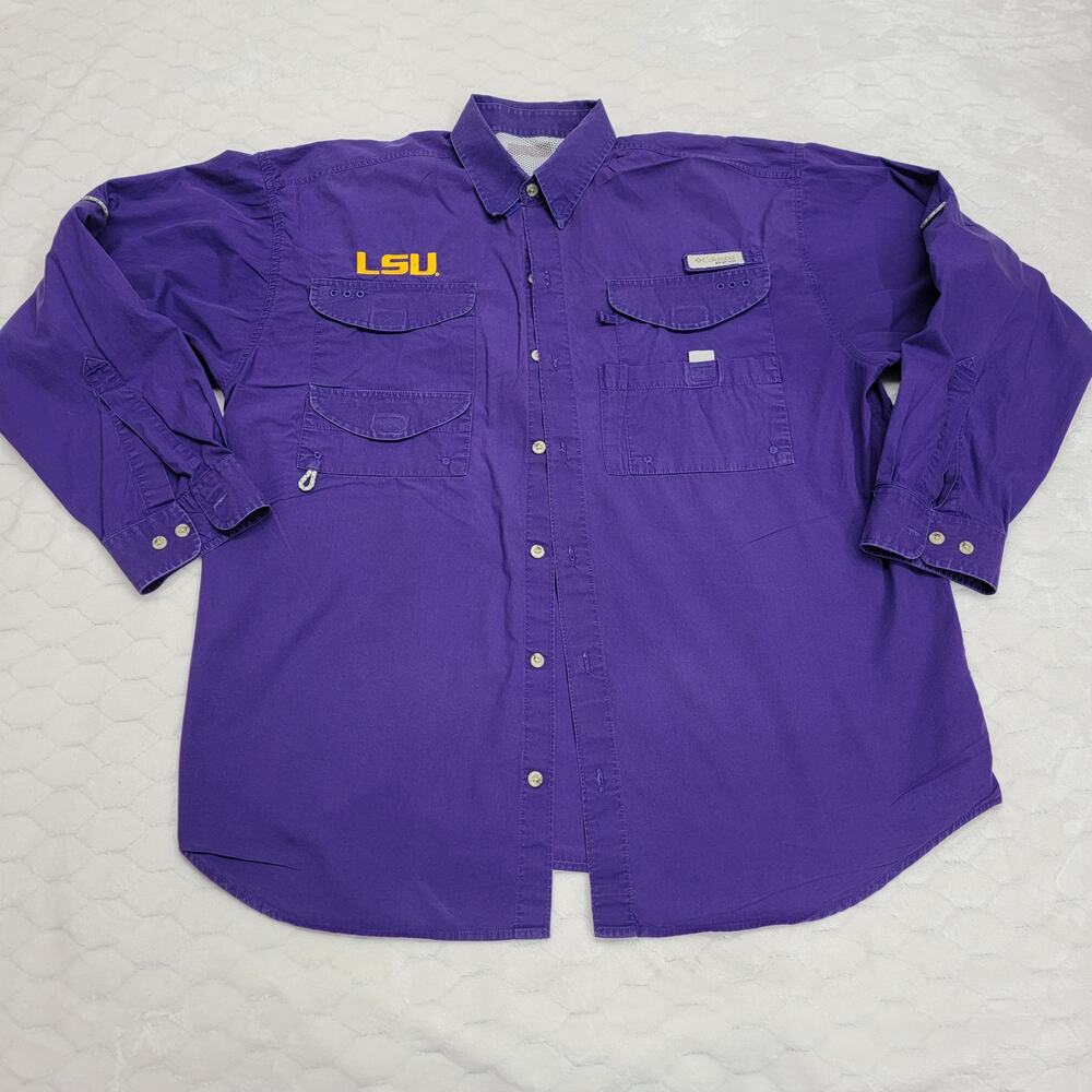 Columbia PFG Mens Large Shirt LSU Tigers Purple Long Sleeve Vented Fishing